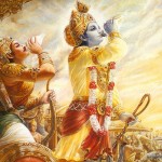 Sr Krishna and Arjuna blowing their conchshells in Kuruksetra